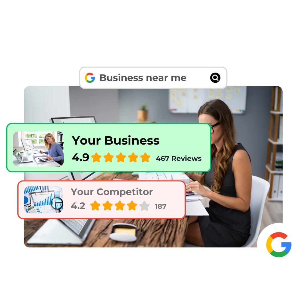 A Google search for a business nearby showing your business rated 4.9 from 467 reviews above a competitor rated 4.2 from 187 reviews
